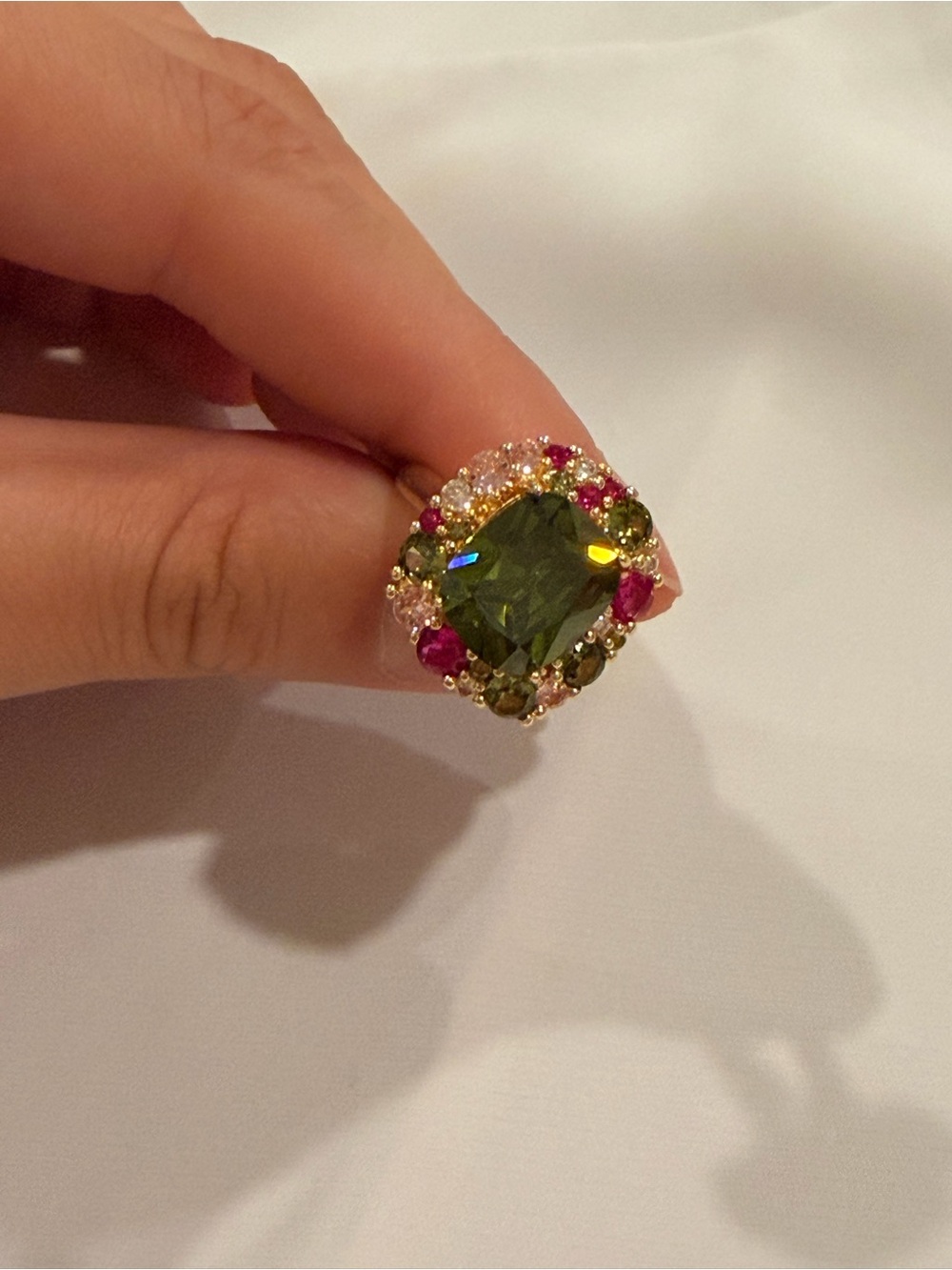 Gold Ring with Olive Green Center and Pink Accents - Picture 6 of 12